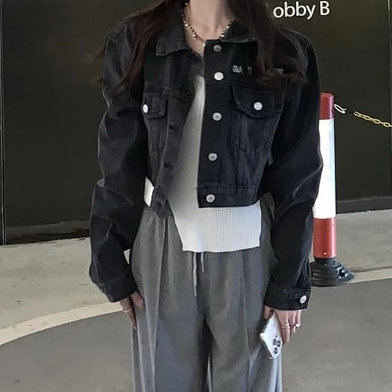 Black Denim Crop Jacket – Button-Down Street Casual