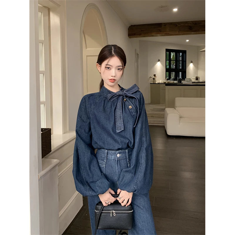 Denim Shirt – Puff Long Sleeve Bandage Blouse