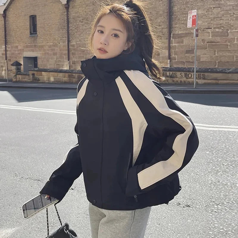 Patchwork Windbreaker – Loose Fit High Collar Hoodie