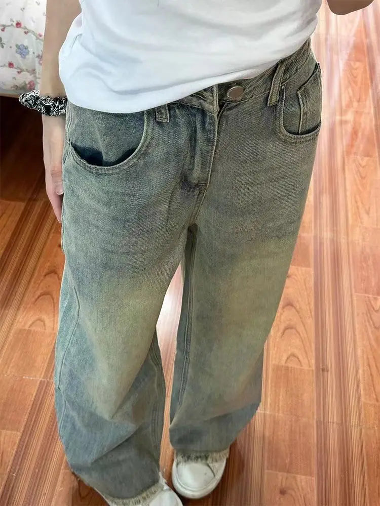 Retro Loose Flare Jeans – Wide Leg Raw Edge Denim