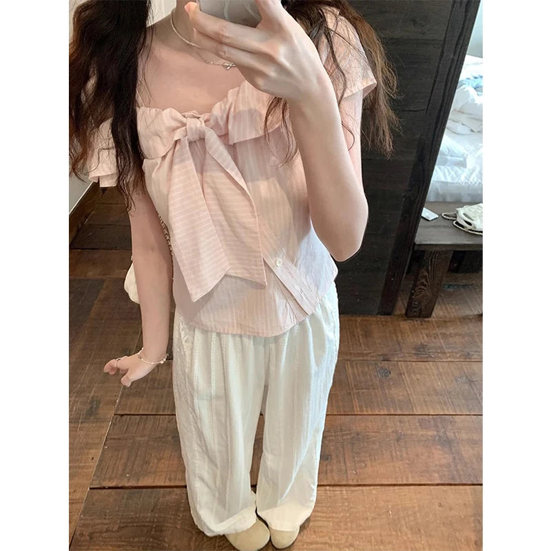 Sweet Pink Striped Shirt – Cropped Bow Blouse