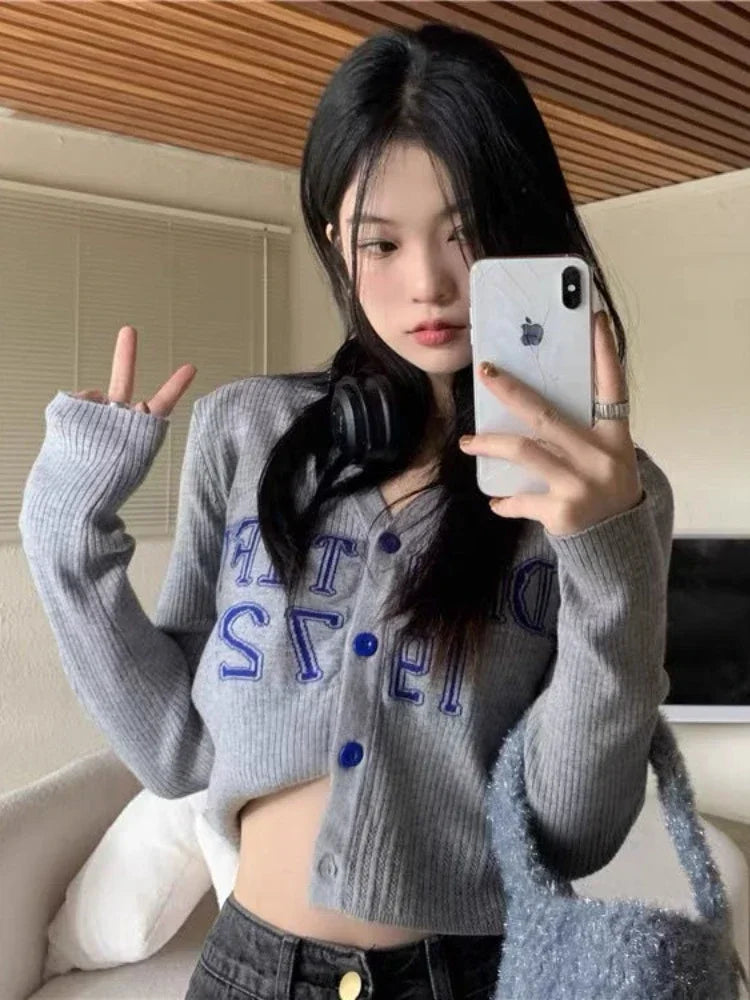 Cropped V-Neck Knit Cardigan – Slim Kpop Grunge Style
