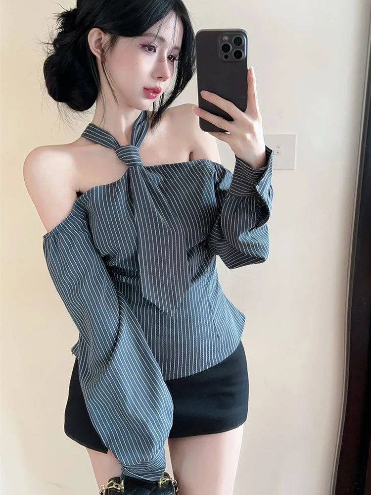 Halter Striped Shirt – Off-Shoulder Lace-Up Top