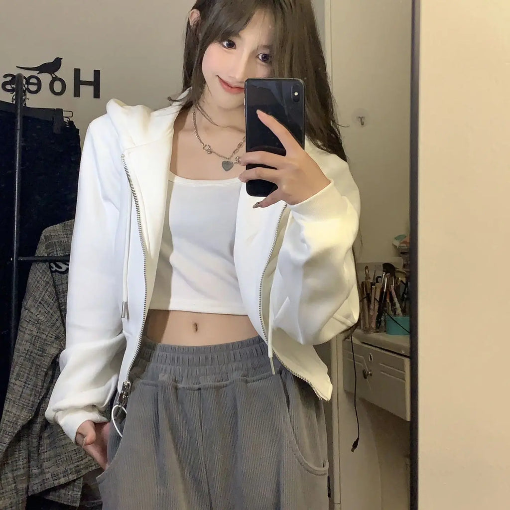 White Zip-Up Hoodie Jacket – Double Sweatshirt Layer