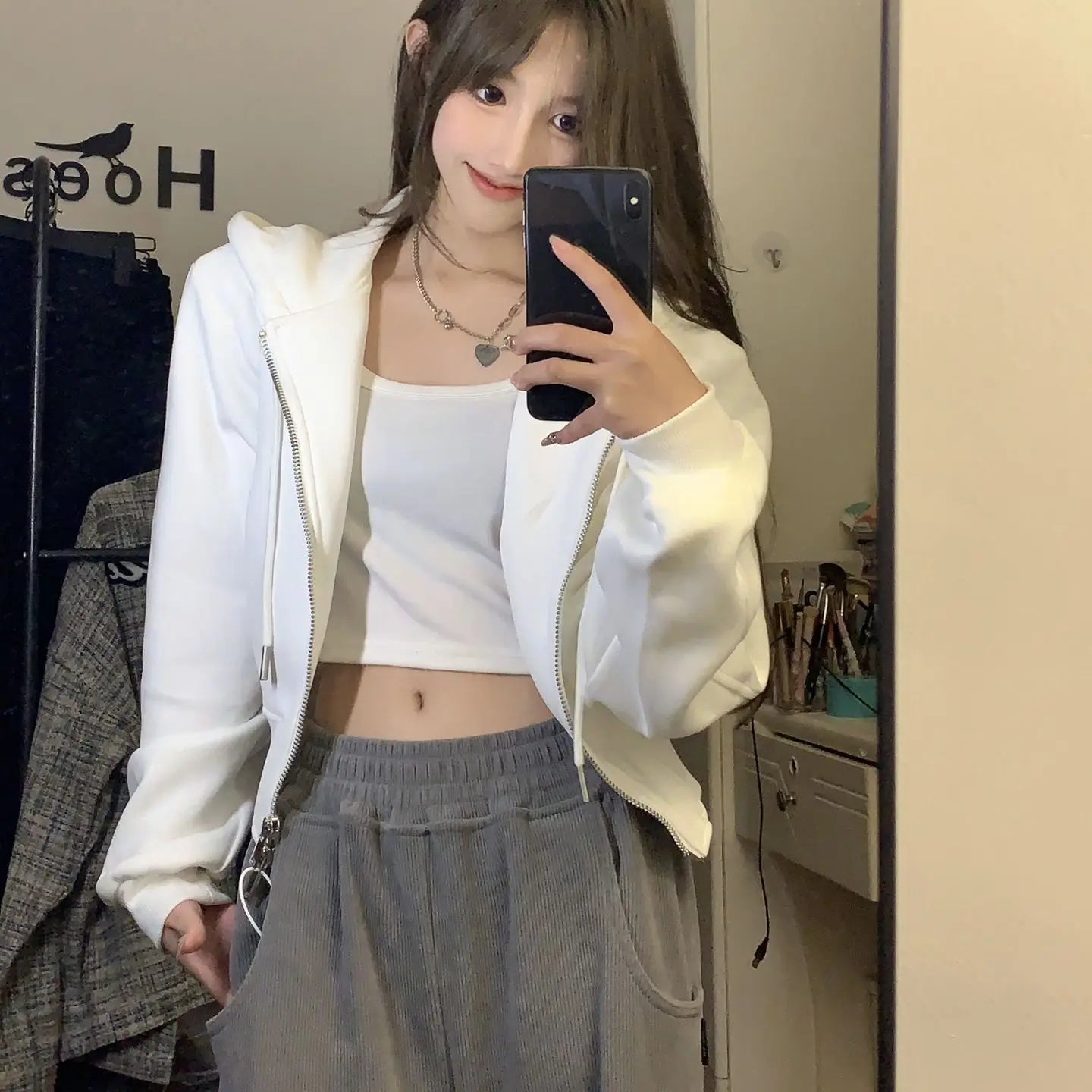 White Zip-Up Hoodie Jacket – Double Sweatshirt Layer