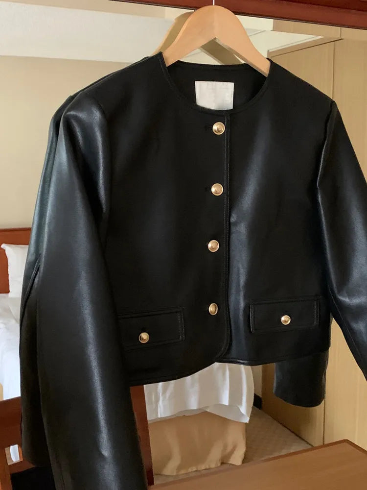 Black Leather Jacket – Vintage O Neck Street Style