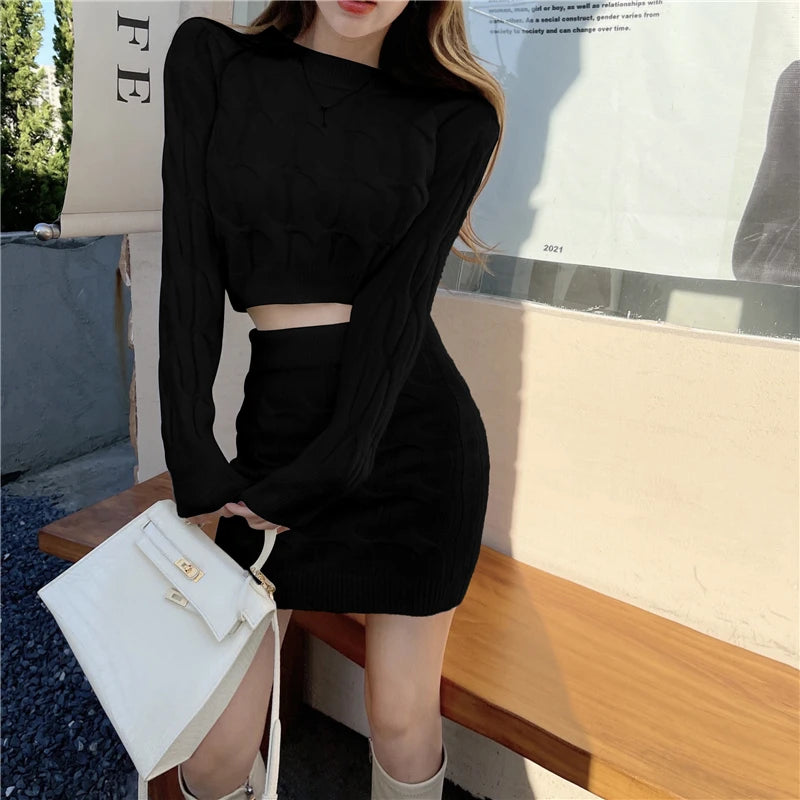 Knitted Two-Piece Set – O Neck Sweater Crop Top + Mini Skirt