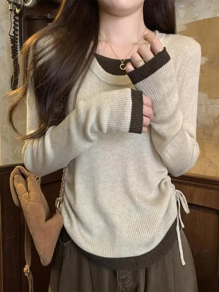 Patchwork Drawstring Lace-Up Sweater – Brown Long Sleeve Knit