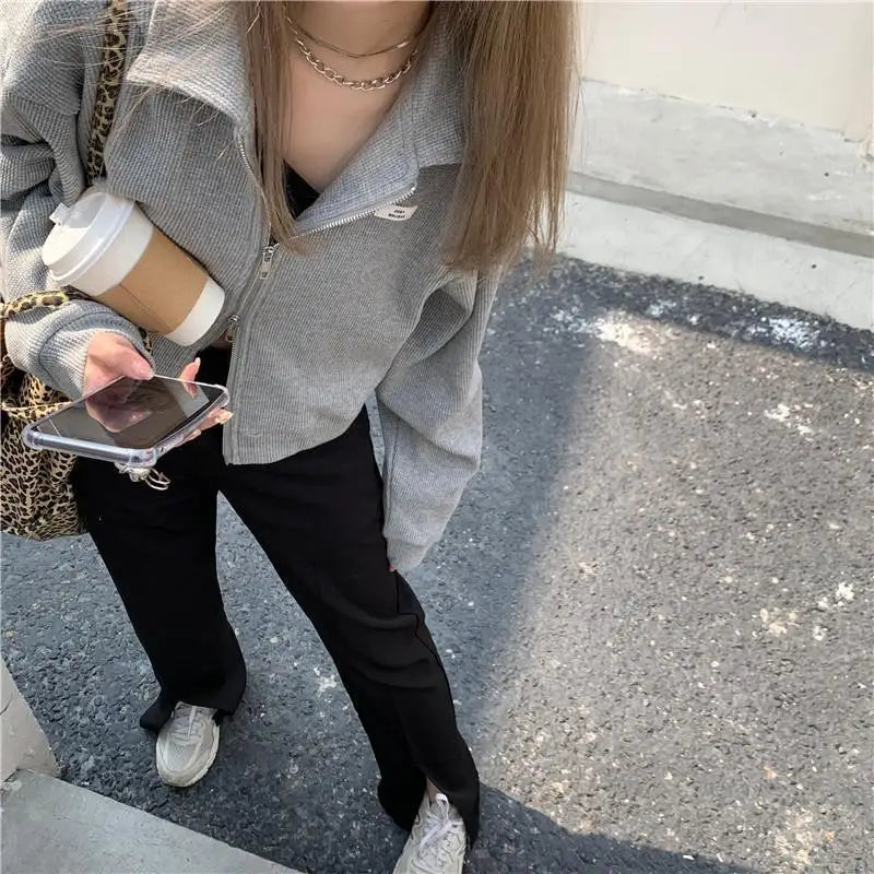 Zip-Up Crop Jacket – Casual Turn-Down Collar