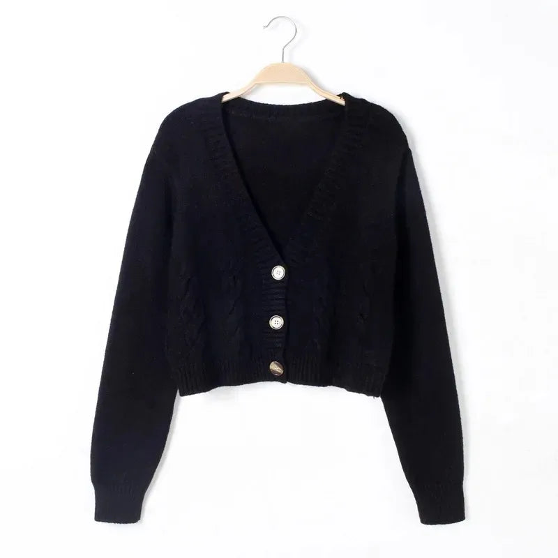 V-Neck Cropped Twist Knit Cardigan – Long Sleeve Slim Fit