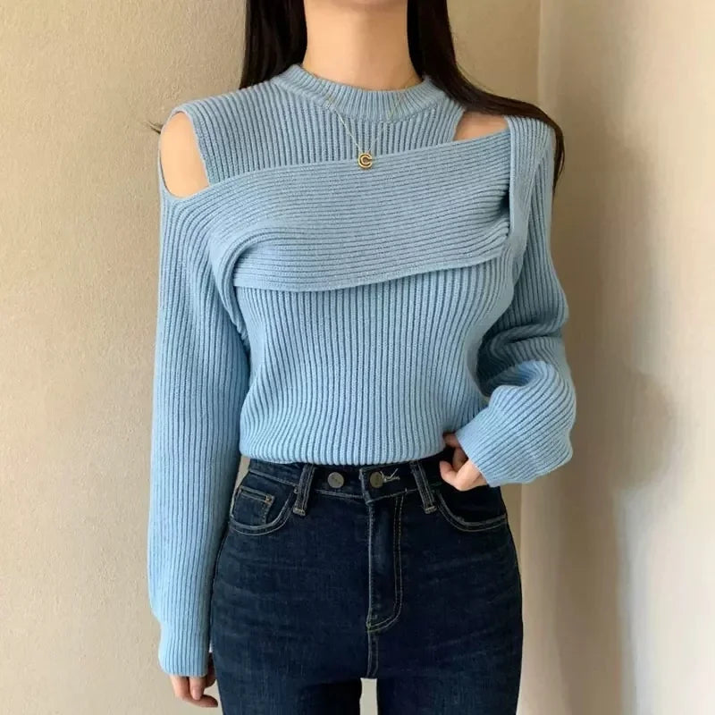 Irregular Off-Shoulder Knit Top – Round Collar Long Sleeve
