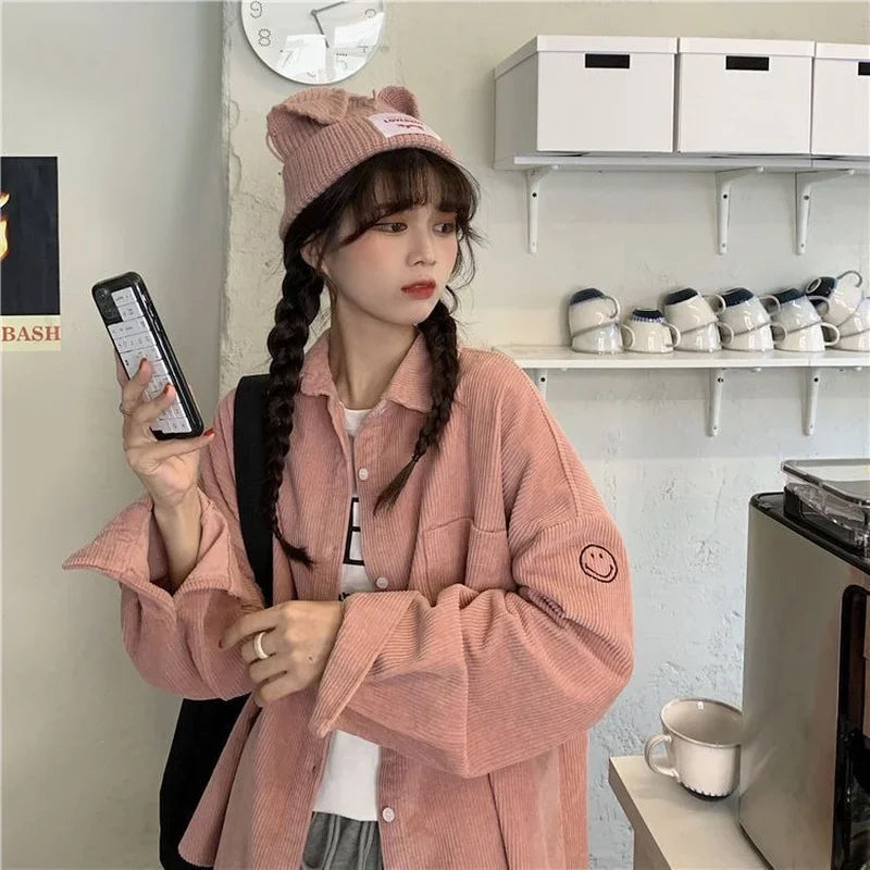 Corduroy Button-Up Long Sleeve Jacket – Loose Fit