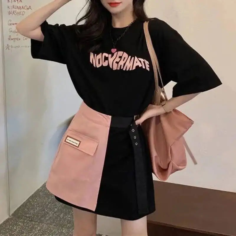 Patchwork Mini Skirt Two-Piece Set – Short Sleeve Top + Skirt