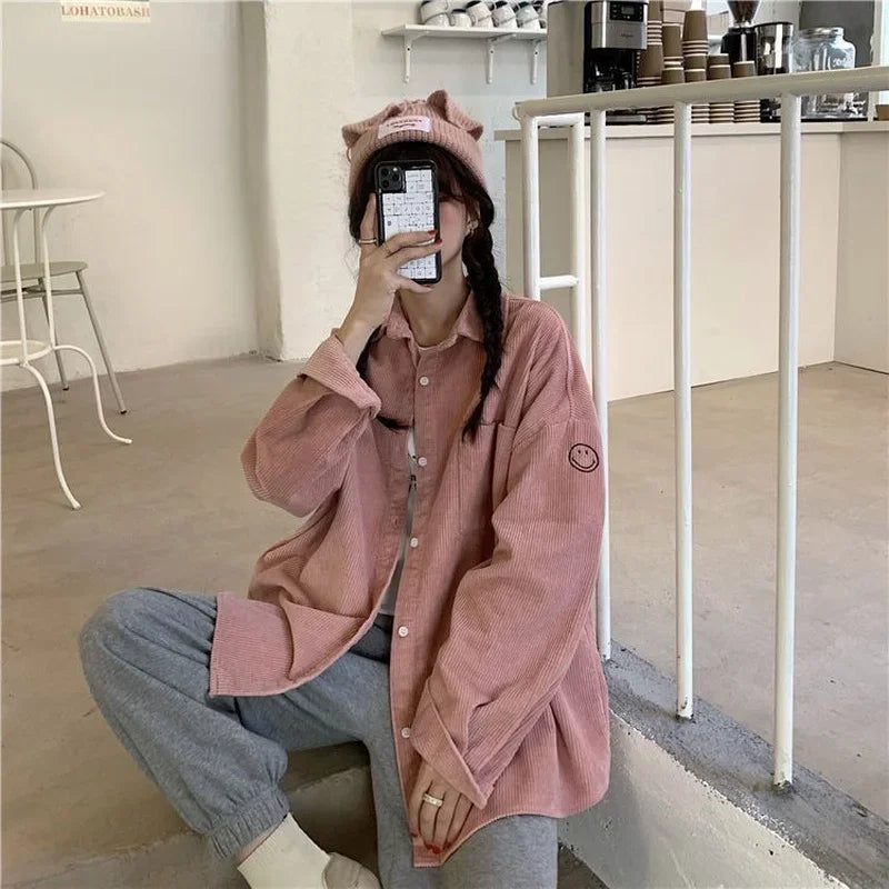 Corduroy Button-Up Long Sleeve Jacket – Loose Fit