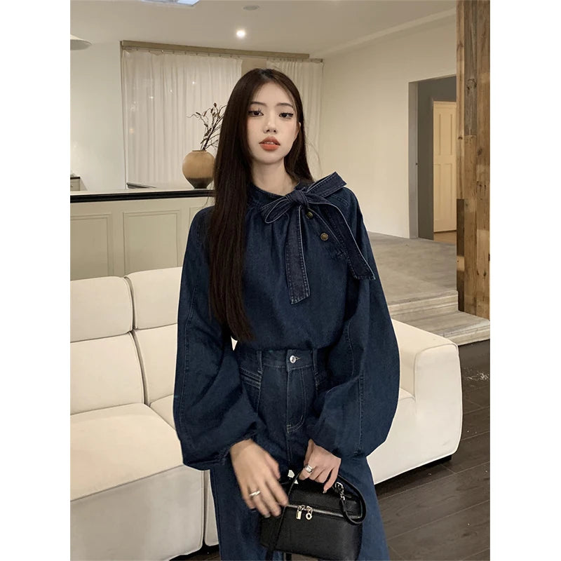 Denim Shirt – Puff Long Sleeve Bandage Blouse