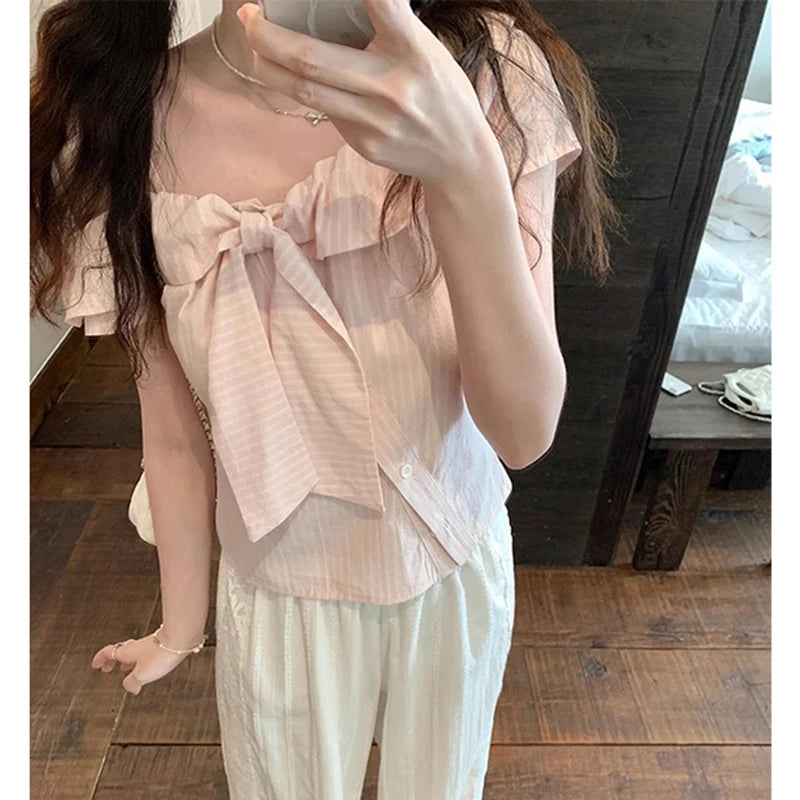 Sweet Pink Striped Shirt – Cropped Bow Blouse