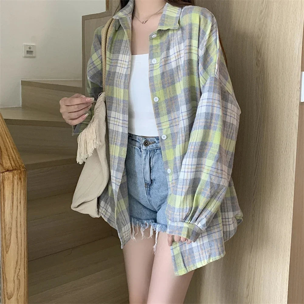 Vintage Plaid Check Shirt – Single Breasted Loose Fit