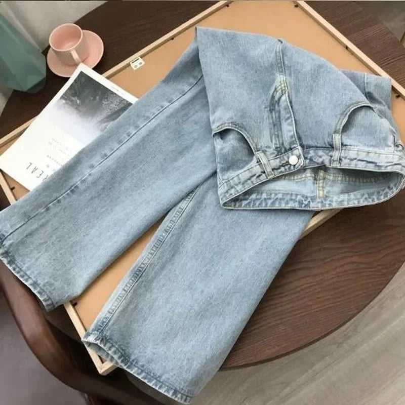 Light Blue Denim Trousers – Vintage Wide Leg Straight Long Pants with Belt