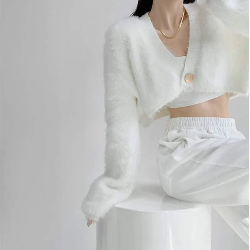 Plush Mink Knit Cardigan – Fluffy Cropped V-Neck