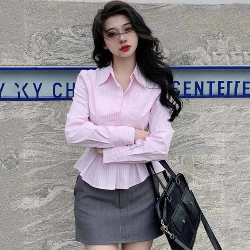 Pink Striped Shirt – V-Neck Folded Crop Top