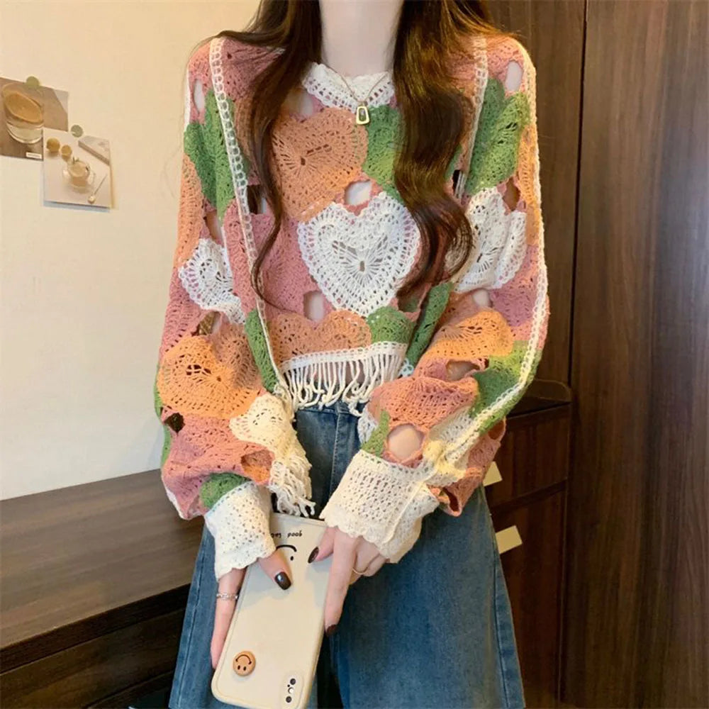 Vintage Hollow-Out Sweater – O-Neck Tassel Long Sleeve Knit Top