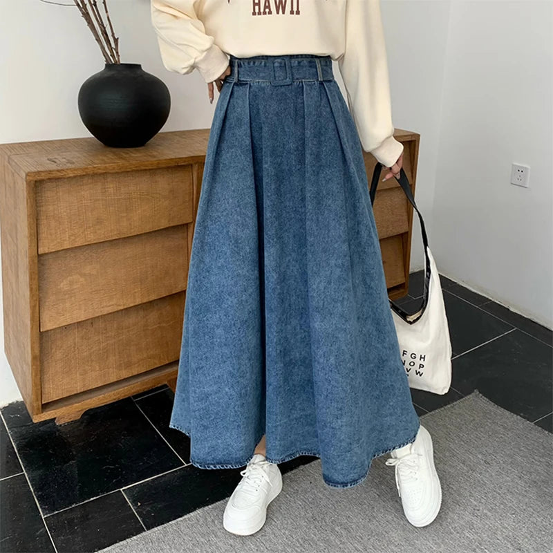 A-line Pleated Skirt – Long Jean Style, Vintage 2000s Look