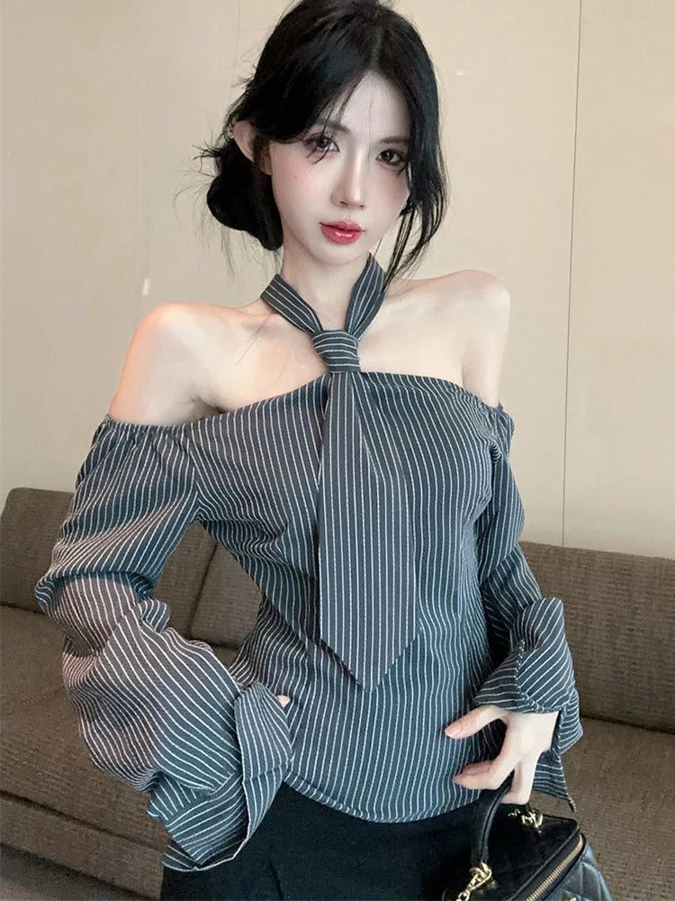 Halter Striped Shirt – Off-Shoulder Lace-Up Top