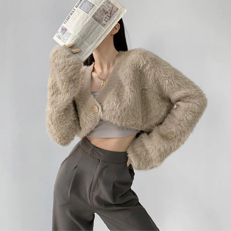 Plush Mink Knit Cardigan – Fluffy Cropped V-Neck