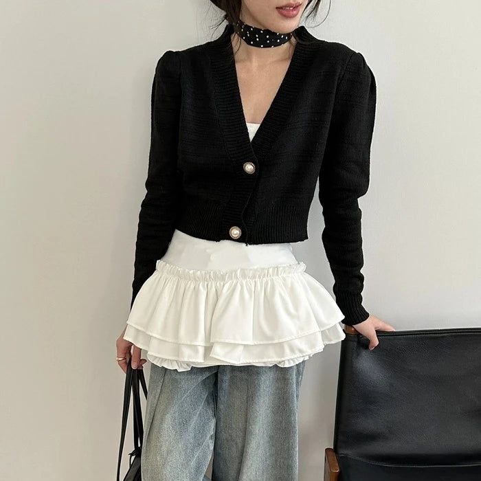 Lantern Sleeve Cardigan – Button V-Neck Knit Top