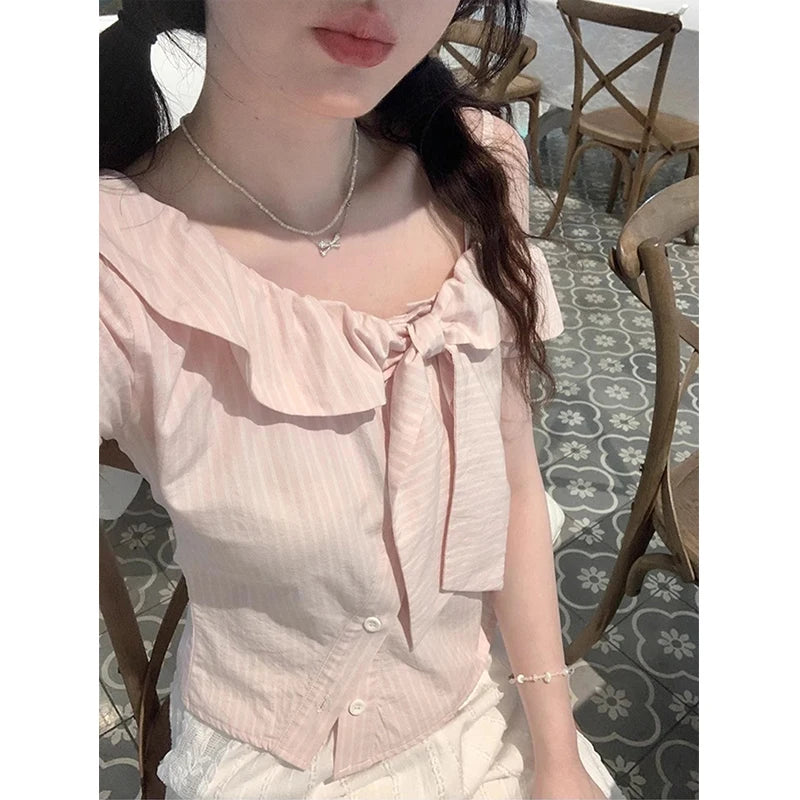 Sweet Pink Striped Shirt – Cropped Bow Blouse