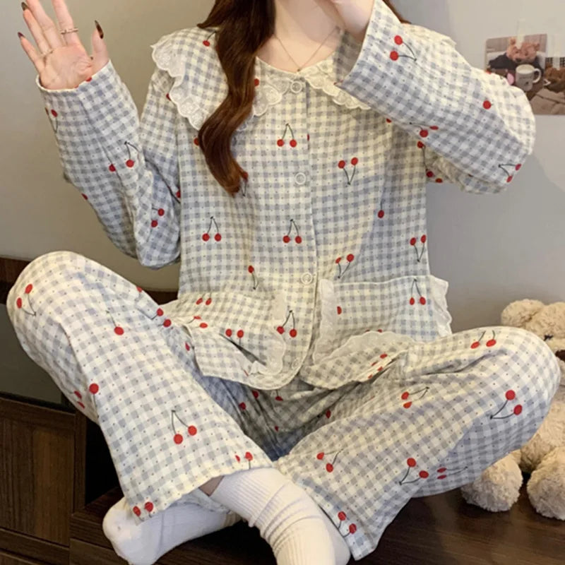 Cute Cherry Pajama Set – Long Sleeve Lapel Top & Pants, Cozy Loungewear