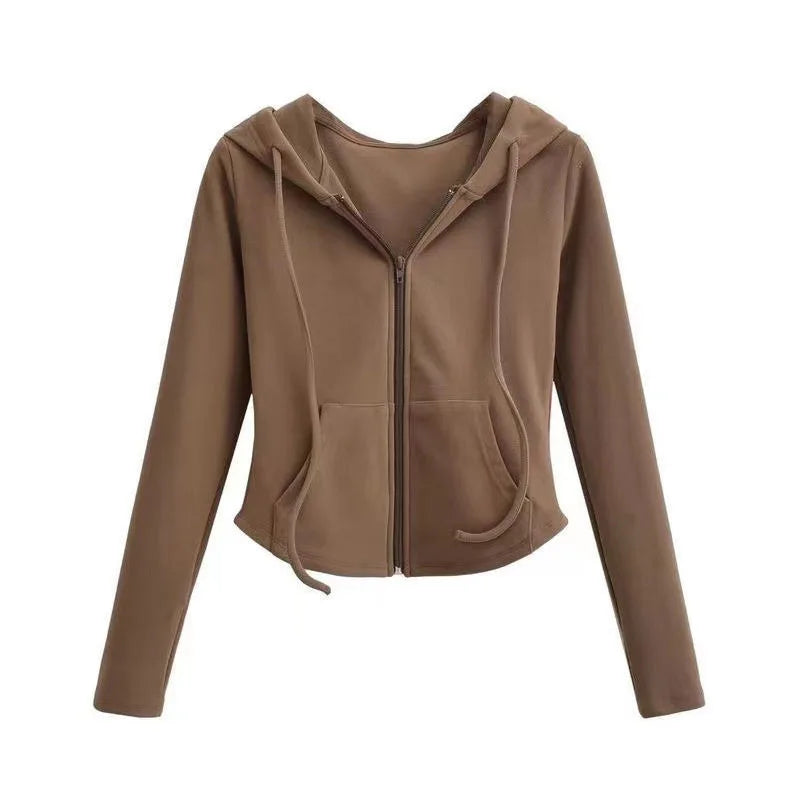 Zip-Up Hooded Knit Cardigan – Short Slim Fit for Fall