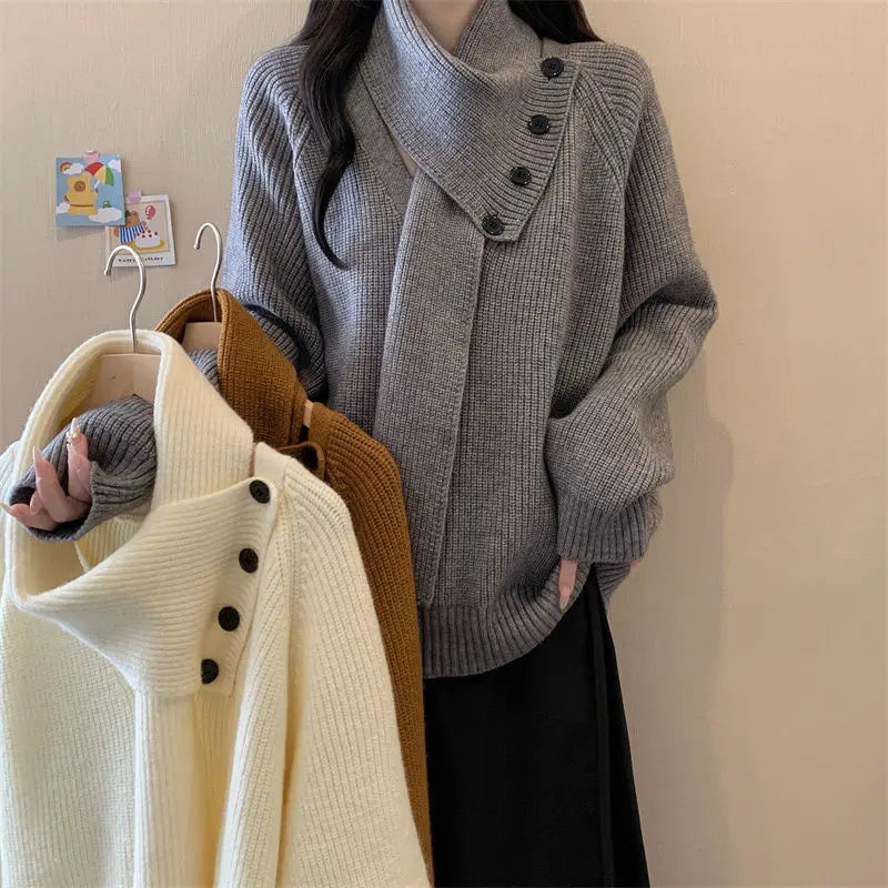 Removable Scarf Knit Sweater – Solid Color, Loose Fit
