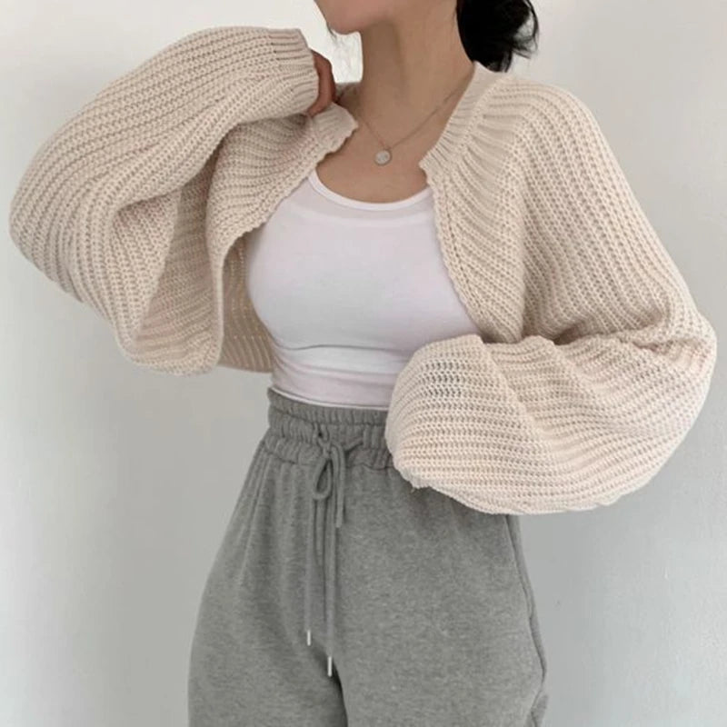 Slim Short Knit Cardigan – Lantern Sleeve Crop Fit