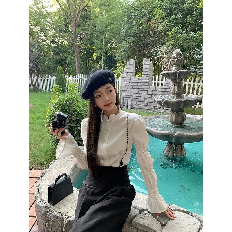 White Long Sleeve Blouse – Stand Collar Office Wear
