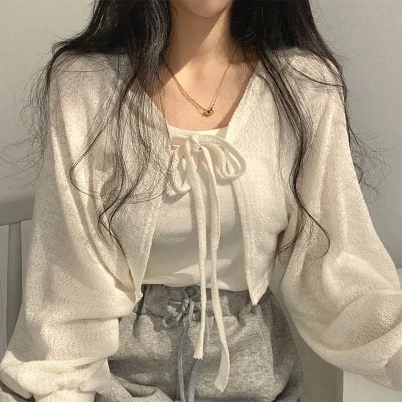 White Lace-Up Knit Cardigan – Lightweight Sun Cover