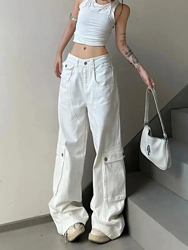 High Waist Wide Leg Cargo Jeans – Straight Casual Denim Trousers