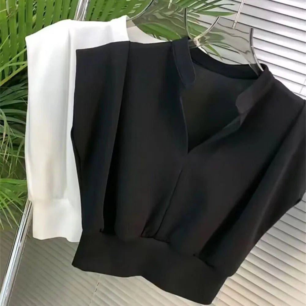 High Waist Sleeveless V-Neck T-Shirt – Casual Solid Color Top