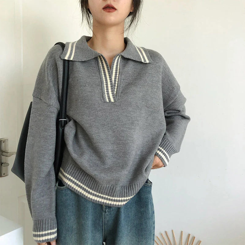 College-Style V-Neck Knit Sweater