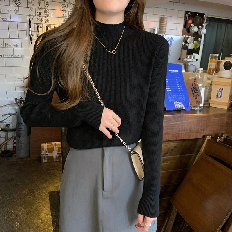 Puff Sleeve Knit Sweater – Half-High Collar, Loose Fit