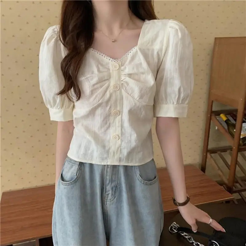 Short Sleeve Design Niche Bubble Blouse – Slim Fit
