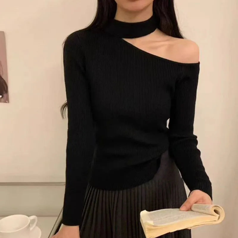 Off-Shoulder Long Sleeve Sweater – Solid Basic Knit