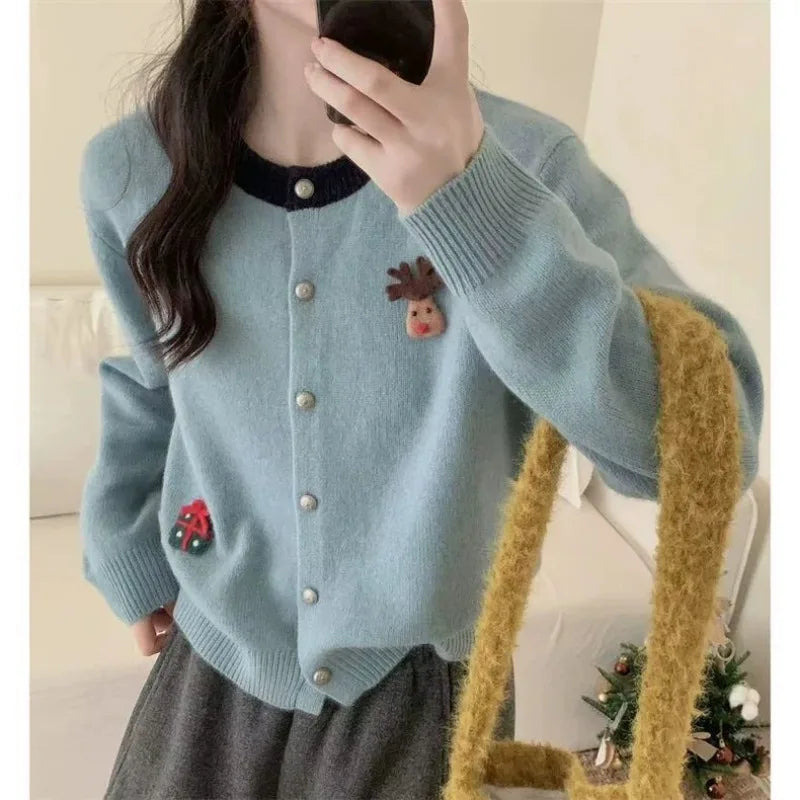 Contrast Collar Knit Cardigan – Cute Cartoon Style