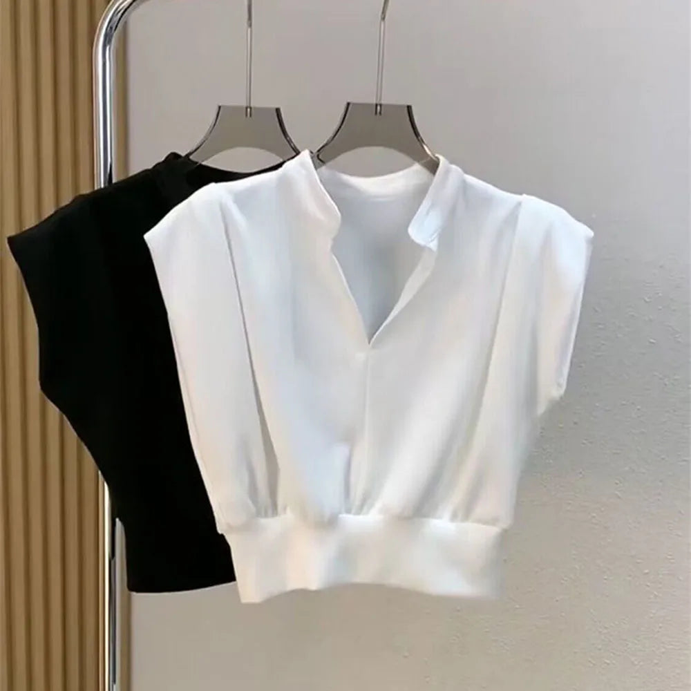 High Waist Sleeveless V-Neck T-Shirt – Casual Solid Color Top