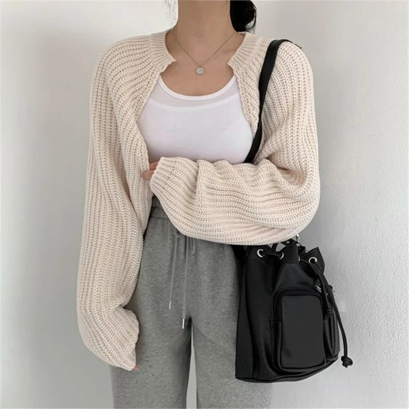Slim Short Knit Cardigan – Lantern Sleeve Crop Fit