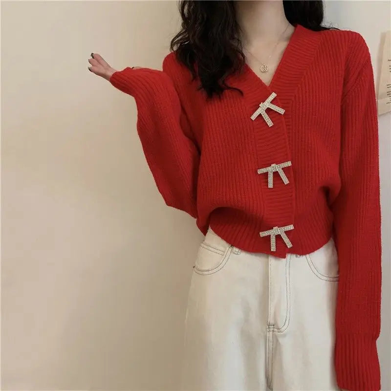 V-Neck Knit Cardigan – Elegant Solid Button Design