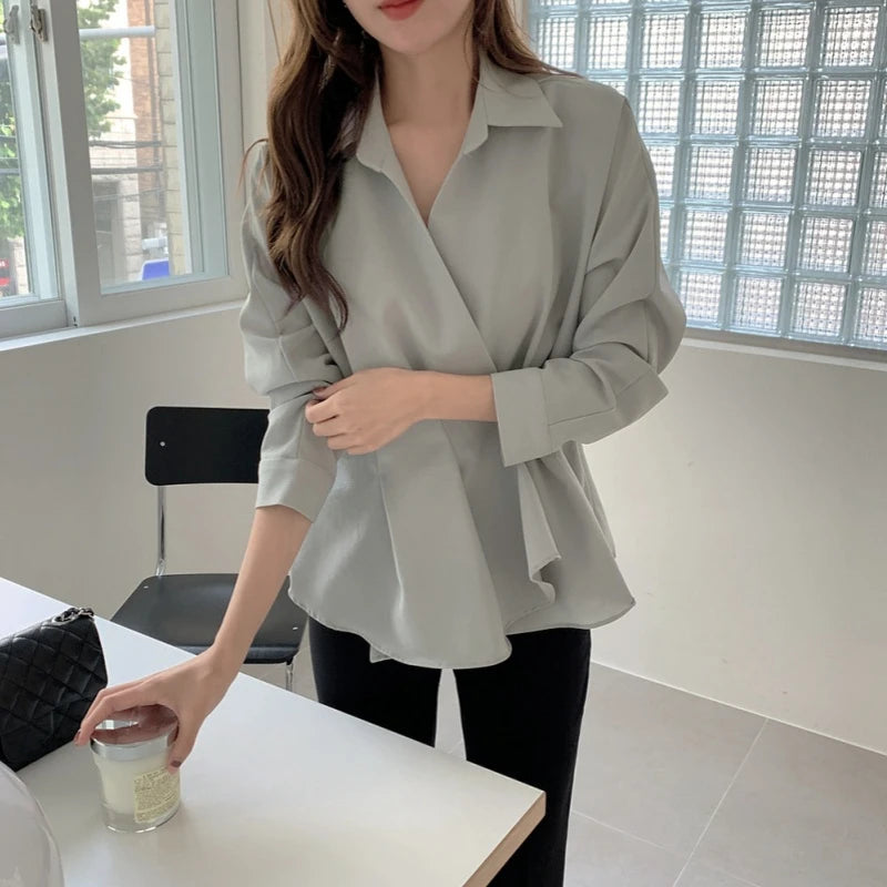 Elegant Ruffle Long Sleeve Cross V-Neck Blouse