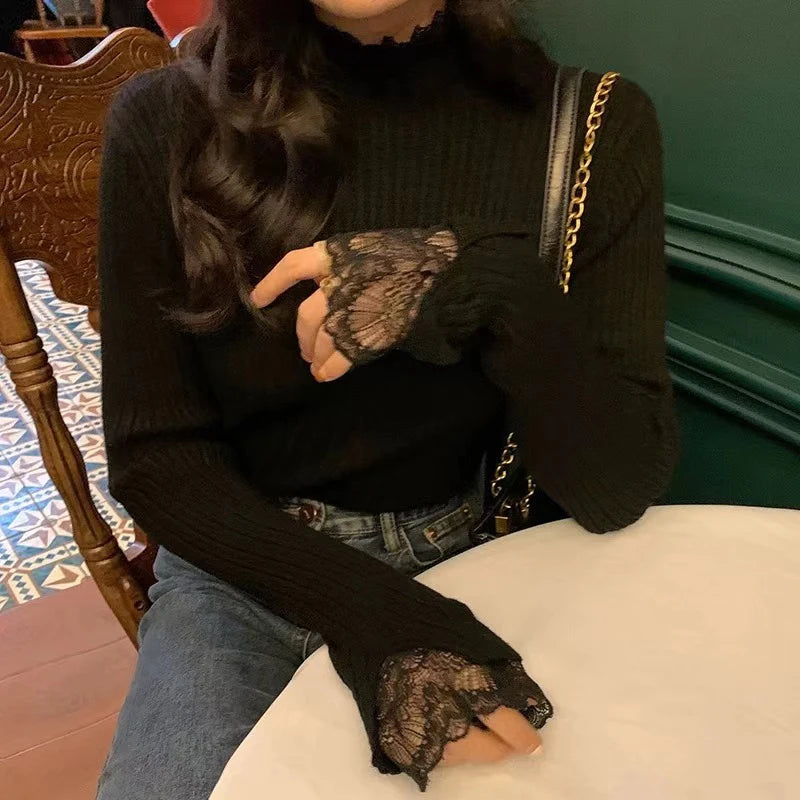 Lace Stitching Half Turtleneck Sweater – Slim Fit Knit Top