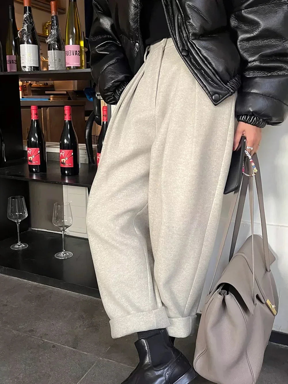 Casual Wool Pants – Loose Pockets, Winter High Waist Harem Trousers