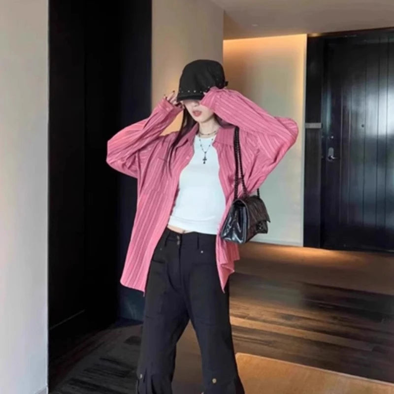 Pink Striped Loose Long Sleeve Blouse – Sun Protection